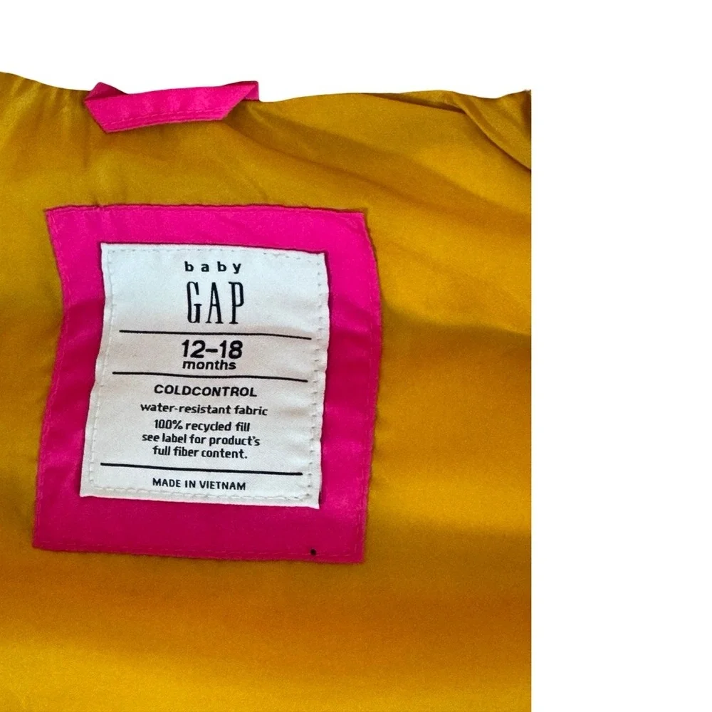 Baby Gap Cold Control Puffer Vest Hot Pink Mustard Yellow 12-18 Months Zip Up